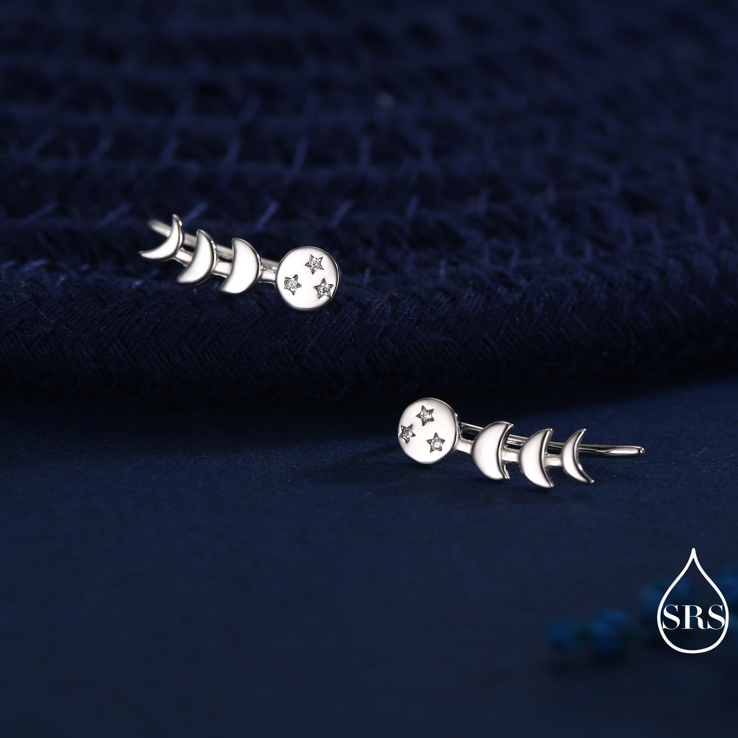 Moon Phase Crawler Earrings in Sterling Silver, Silver or Gold, Moon and Star Earrings, Ear Climbers, Celestial Earrings