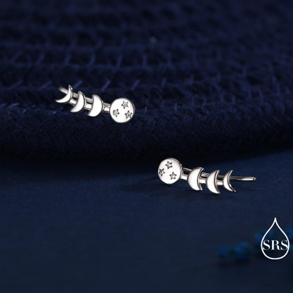 Moon Phase Crawler Earrings in Sterling Silver, Silver or Gold, Moon and Star Earrings, Ear Climbers, Celestial Earrings