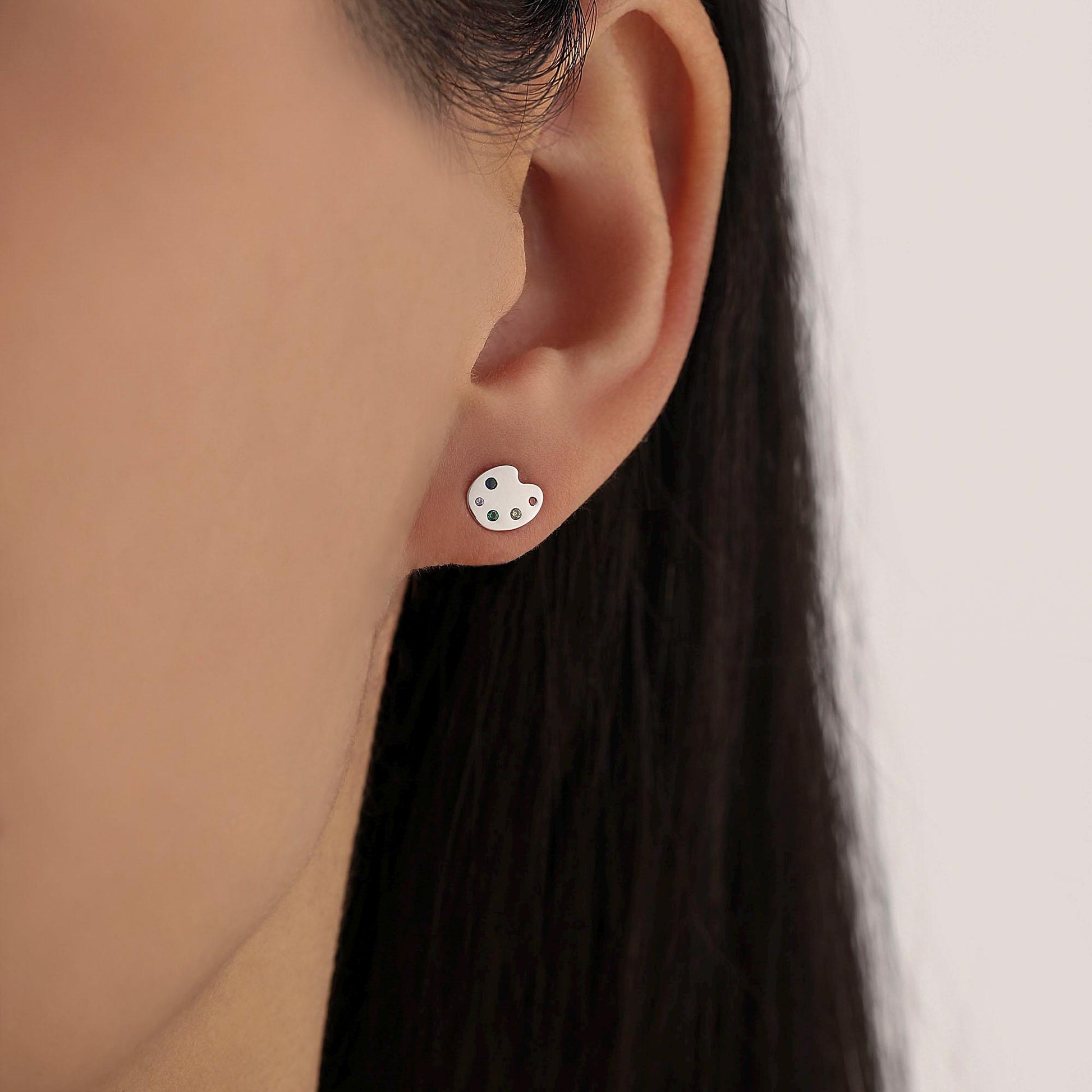 Paint Palette Stud Earrings in Sterling Silver with Multi Colour CZ Crystals, Silver or Gold, Artist's Palette