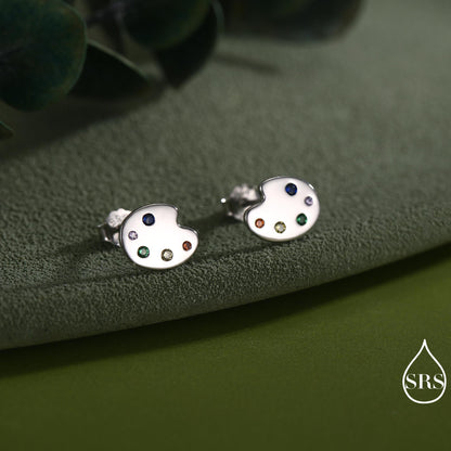 Paint Palette Stud Earrings in Sterling Silver with Multi Colour CZ Crystals, Silver or Gold, Artist's Palette