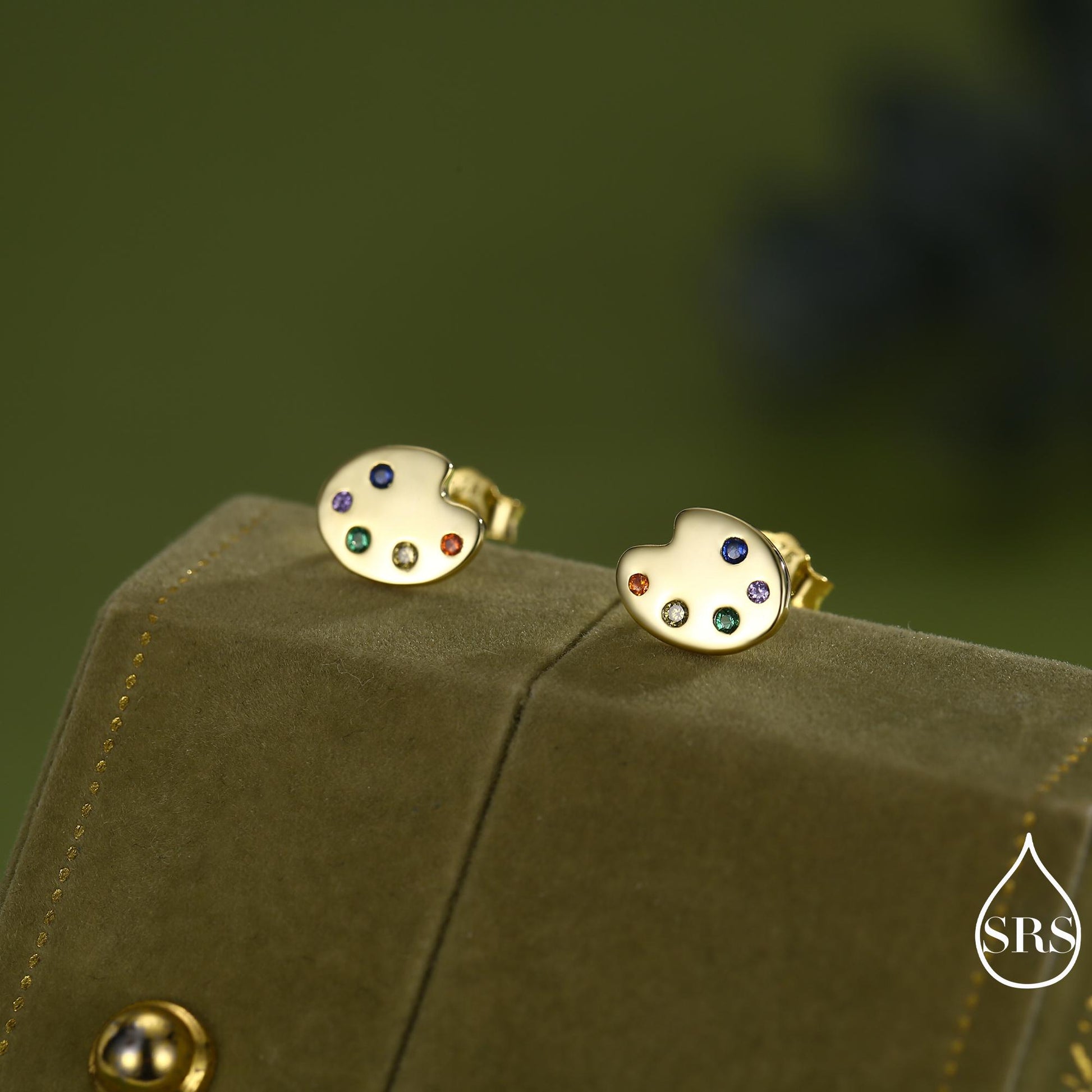 Paint Palette Stud Earrings in Sterling Silver with Multi Colour CZ Crystals, Silver or Gold, Artist's Palette