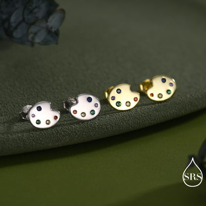 Paint Palette Stud Earrings in Sterling Silver with Multi Colour CZ Crystals, Silver or Gold, Artist's Palette