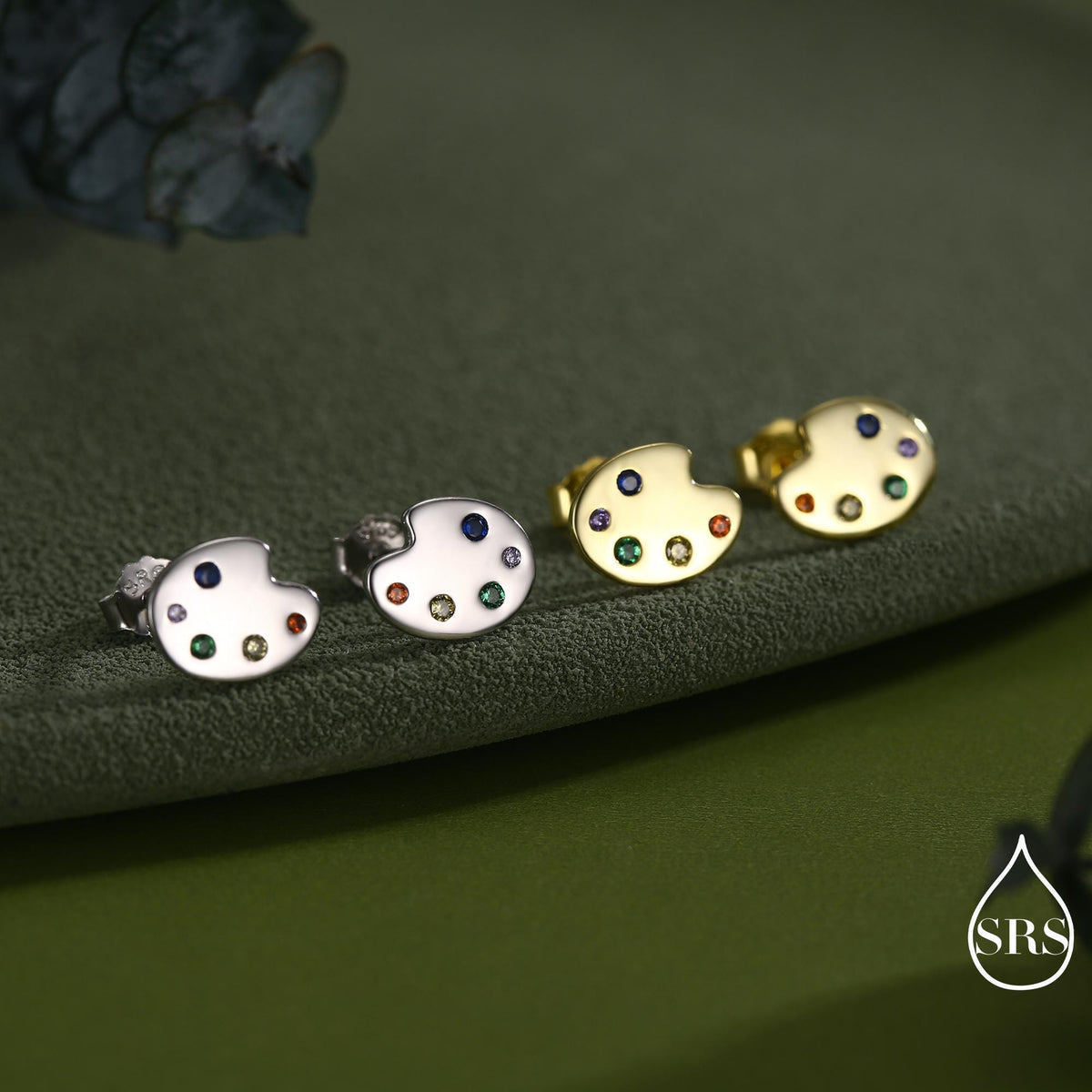 Paint Palette Stud Earrings in Sterling Silver with Multi Colour CZ Crystals, Silver or Gold, Artist's Palette