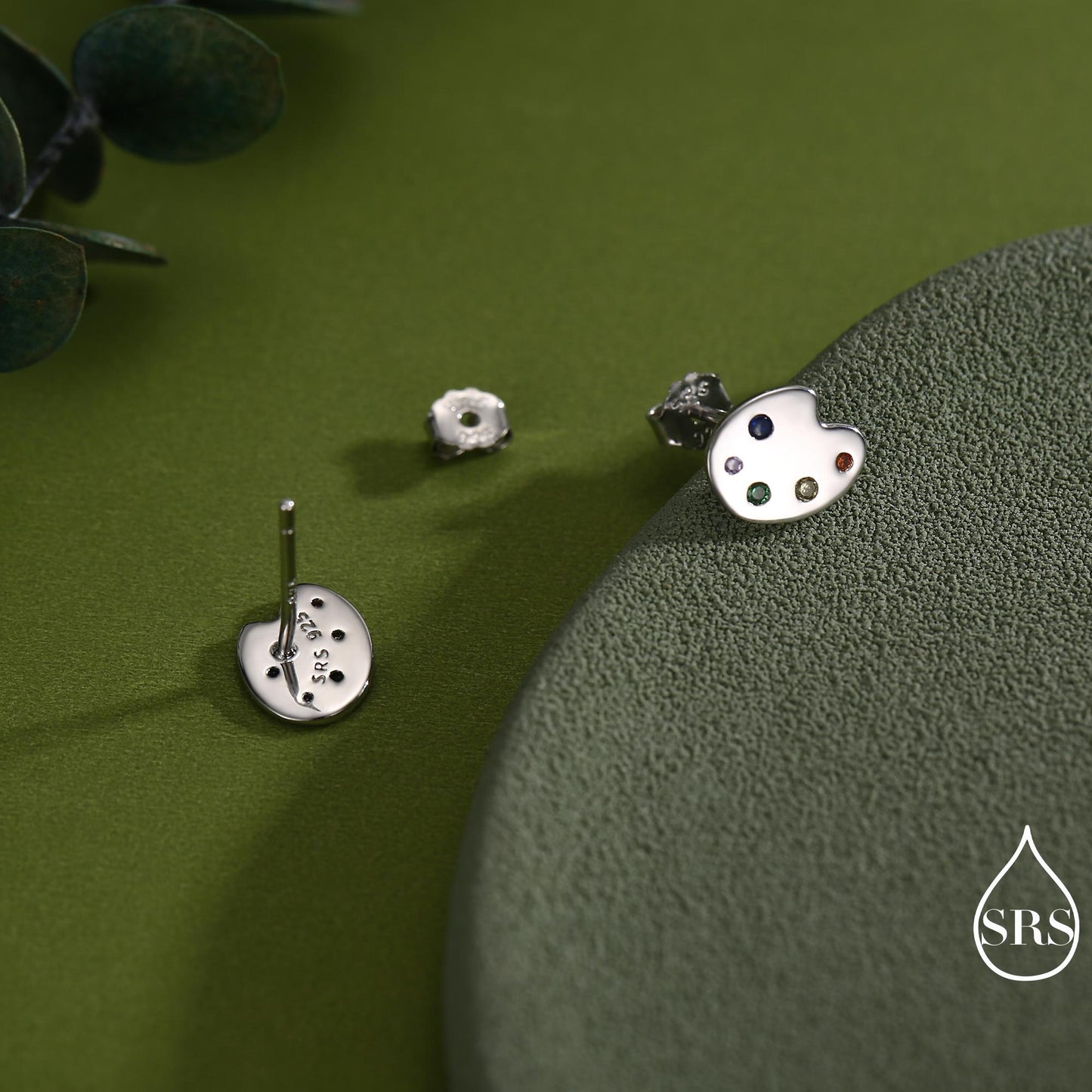 Paint Palette Stud Earrings in Sterling Silver with Multi Colour CZ Crystals, Silver or Gold, Artist's Palette