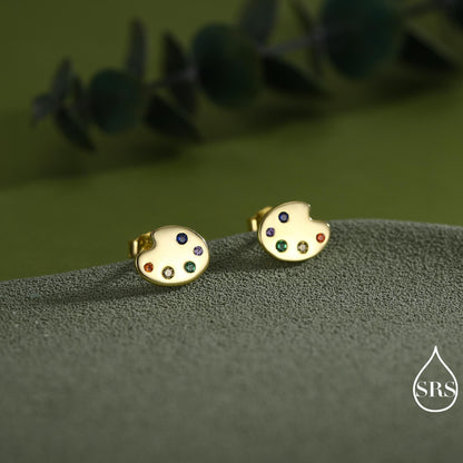 Paint Palette Stud Earrings in Sterling Silver with Multi Colour CZ Crystals, Silver or Gold, Artist's Palette
