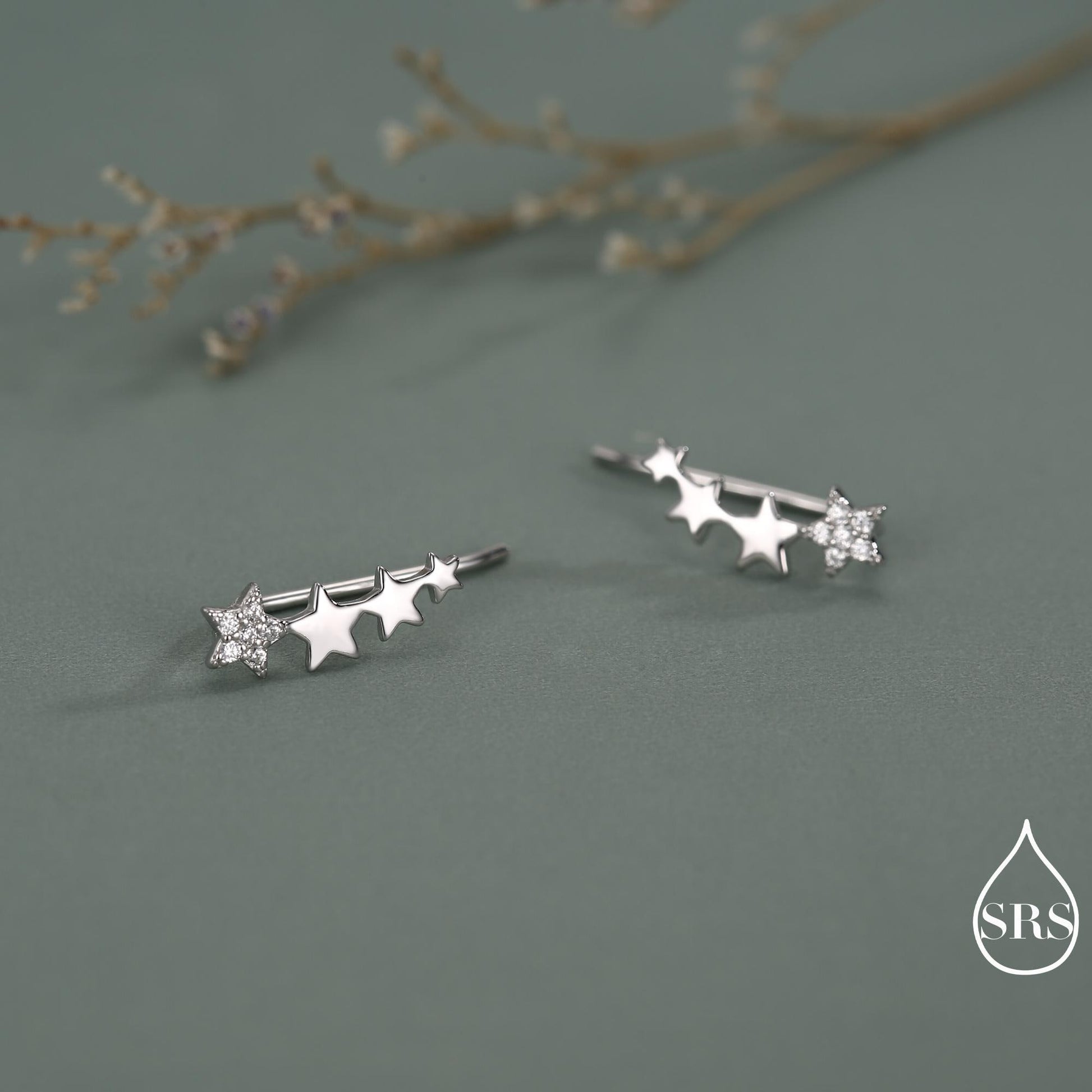 CZ Pave Star Crawler Earrings in Sterling Silver, Silver or Gold, Four Star Earrings, Ear Climbers, Celestial Earrings