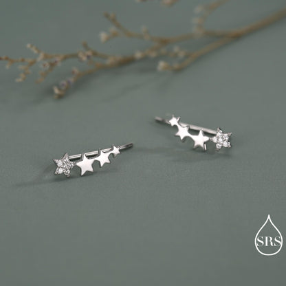 CZ Pave Star Crawler Earrings in Sterling Silver, Silver or Gold, Four Star Earrings, Ear Climbers, Celestial Earrings