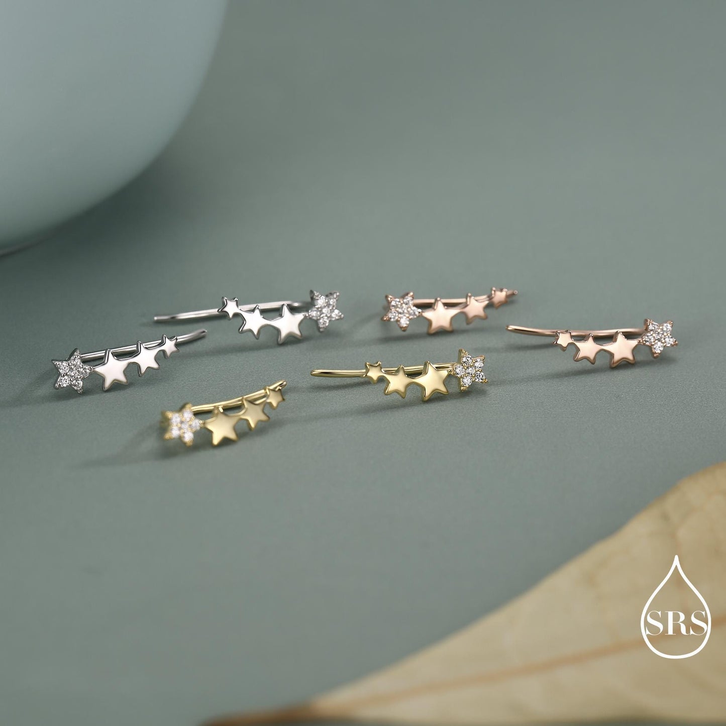 CZ Pave Star Crawler Earrings in Sterling Silver, Silver or Gold, Four Star Earrings, Ear Climbers, Celestial Earrings