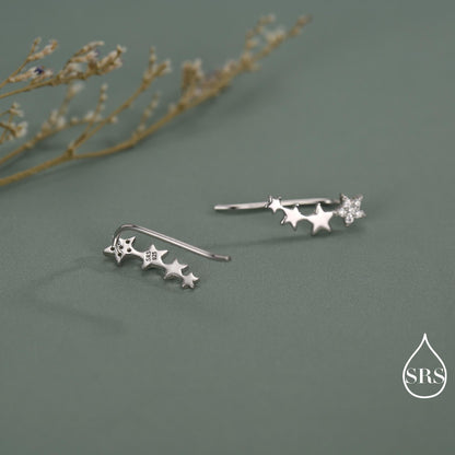 CZ Pave Star Crawler Earrings in Sterling Silver, Silver or Gold, Four Star Earrings, Ear Climbers, Celestial Earrings