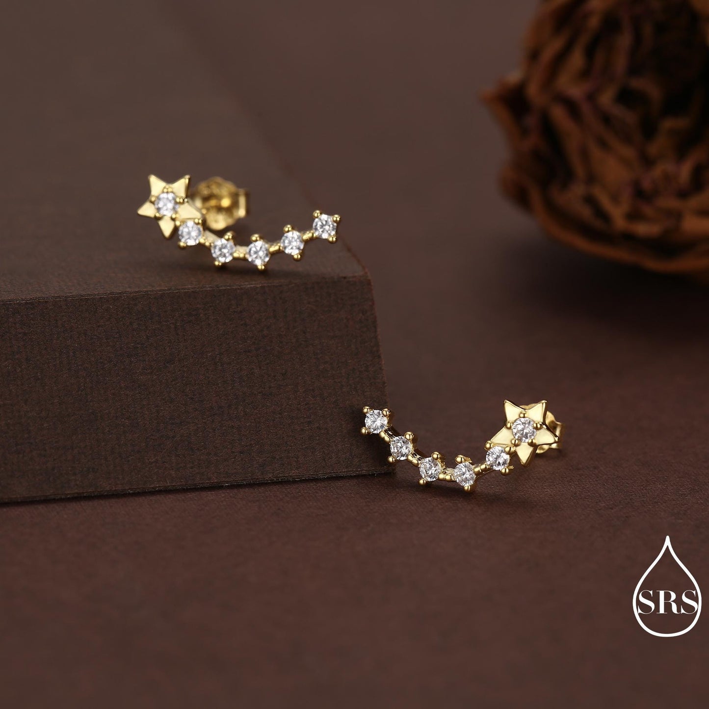 Sterling Silver Shooting Star Dainty Ear Crawler Stud Earrings, Silver, Gold and Rose Gold, Curved Bar with CZ Crystals