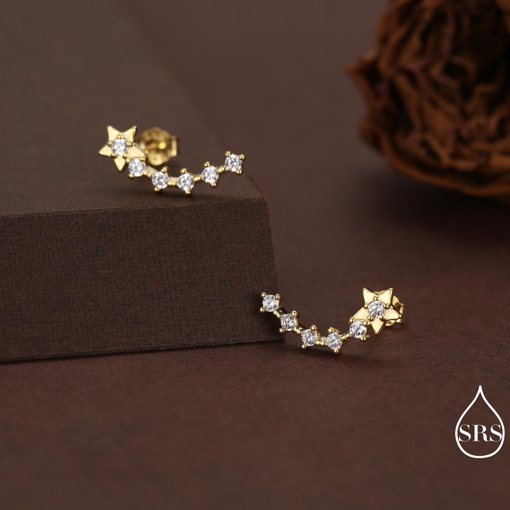 Sterling Silver Shooting Star Dainty Ear Crawler Stud Earrings, Silver, Gold and Rose Gold, Curved Bar with CZ Crystals