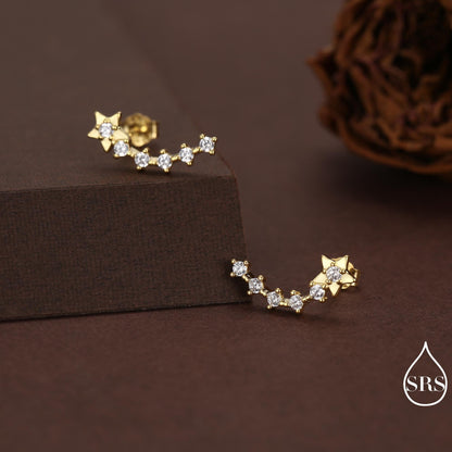 Sterling Silver Shooting Star Dainty Ear Crawler Stud Earrings, Silver, Gold and Rose Gold, Curved Bar with CZ Crystals