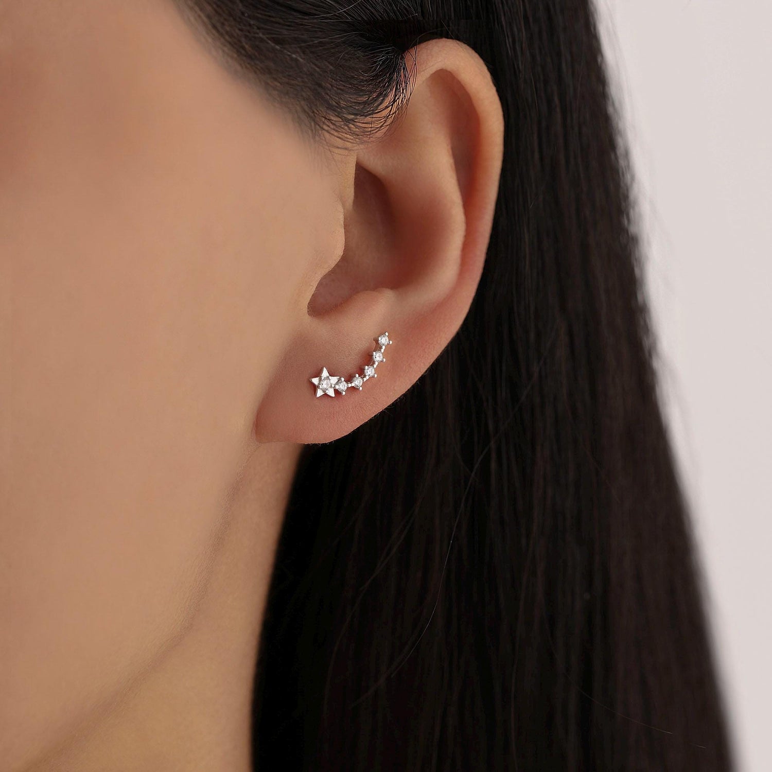 Sterling Silver Shooting Star Dainty Ear Crawler Stud Earrings, Silver, Gold and Rose Gold, Curved Bar with CZ Crystals