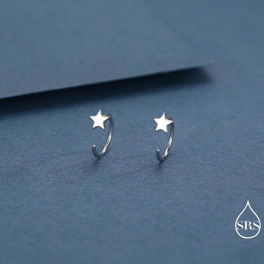 Tiny Star Huggie Hoop Earrings in Sterling Silver, Silver, Gold or Rose Gold, Dainty Little Star Open Threader, Threader Hoop Earrings