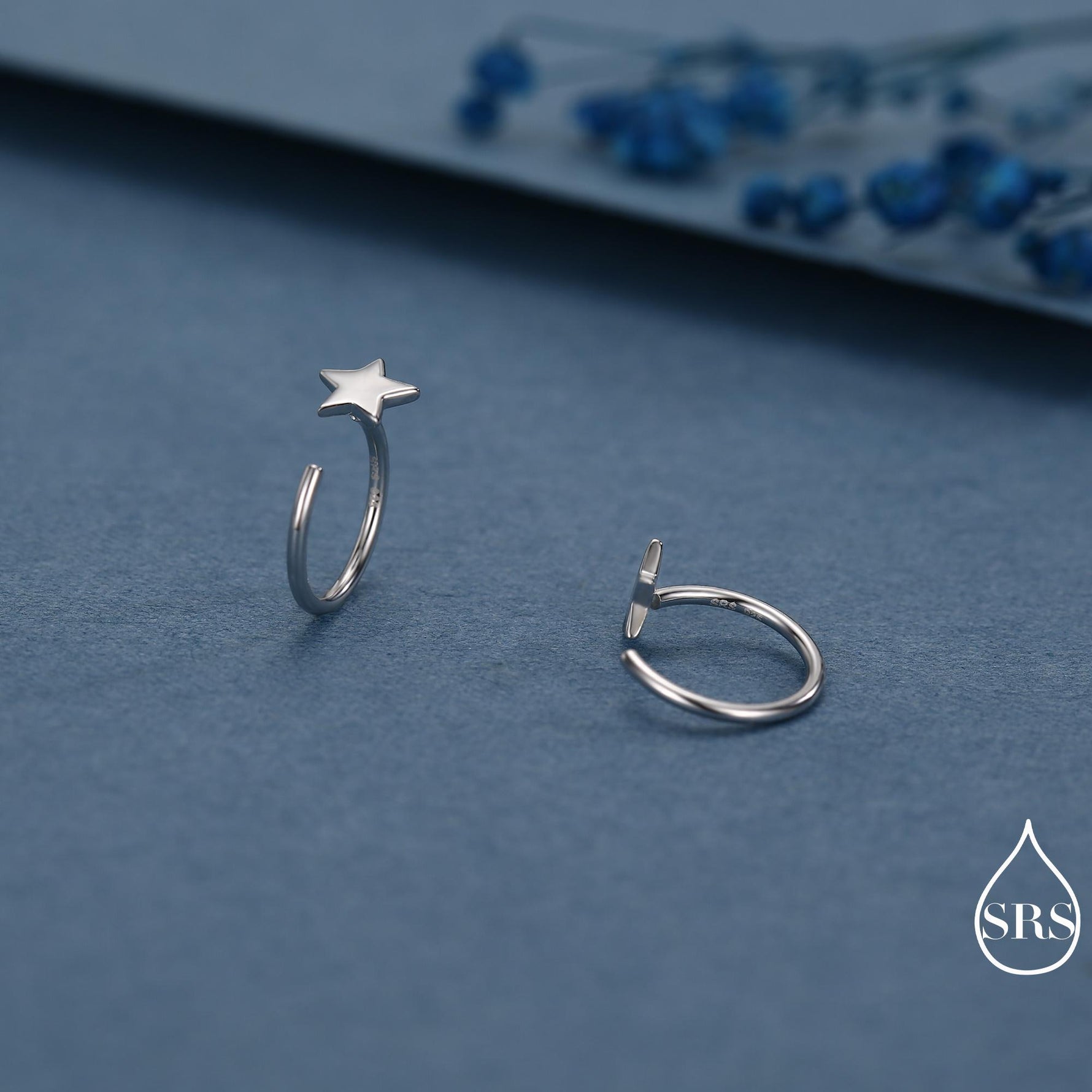 Tiny Star Huggie Hoop Earrings in Sterling Silver, Star Pull Through Earrings, Half Hoop Earrings, Open Hoop, Silver or Gold