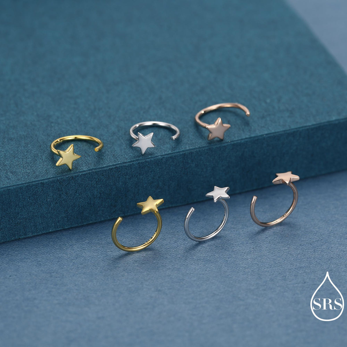 Tiny Star Huggie Hoop Earrings in Sterling Silver, Star Pull Through Earrings, Half Hoop Earrings, Open Hoop, Silver or Gold
