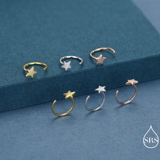 Tiny Star Huggie Hoop Earrings in Sterling Silver, Star Pull Through Earrings, Half Hoop Earrings, Open Hoop, Silver or Gold