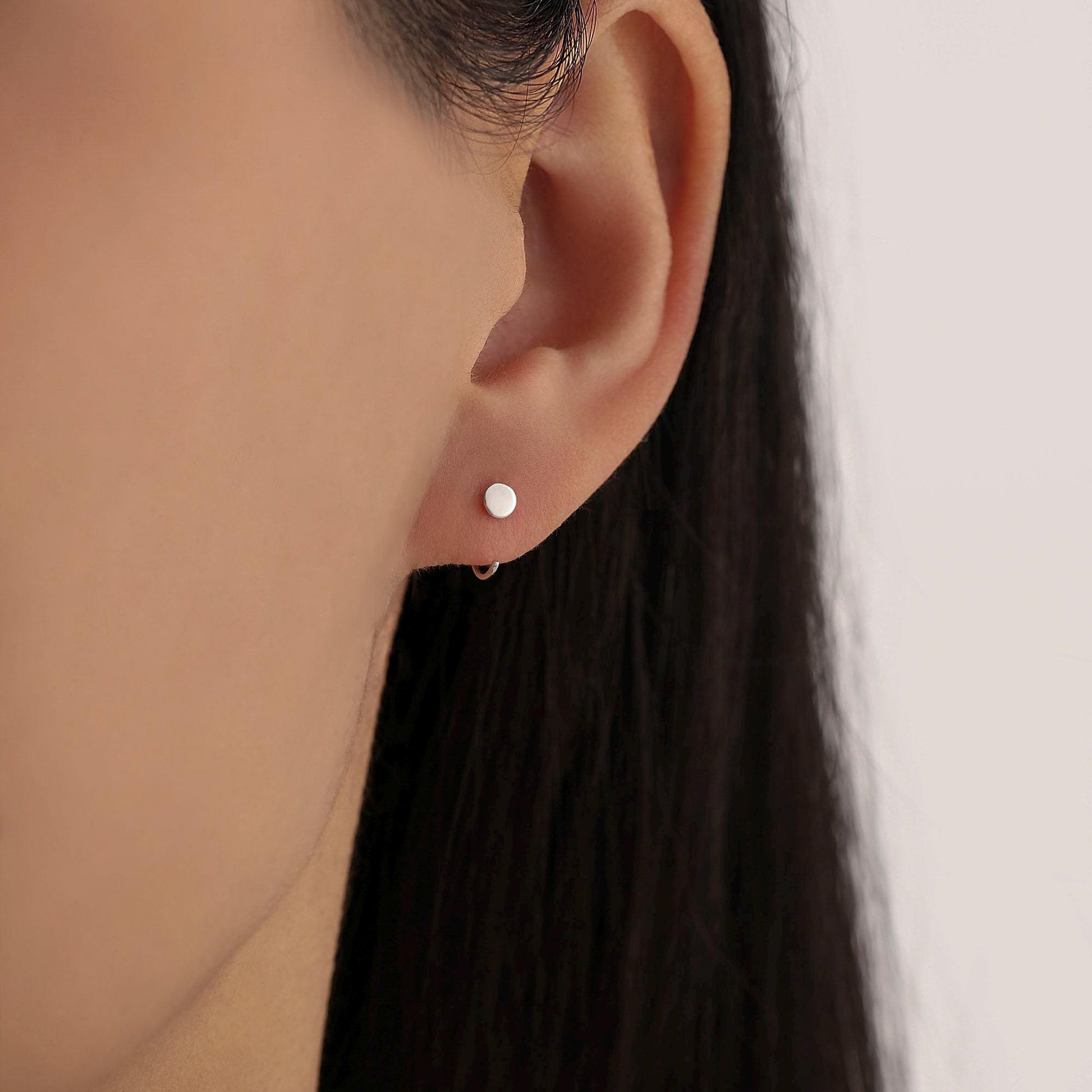 Tiny Dot Huggie Hoop Earrings in Sterling Silver, Circle Earrings, Open Hoop Earrings, Pull-Through Threader Earrings, Half Hoop Earrings