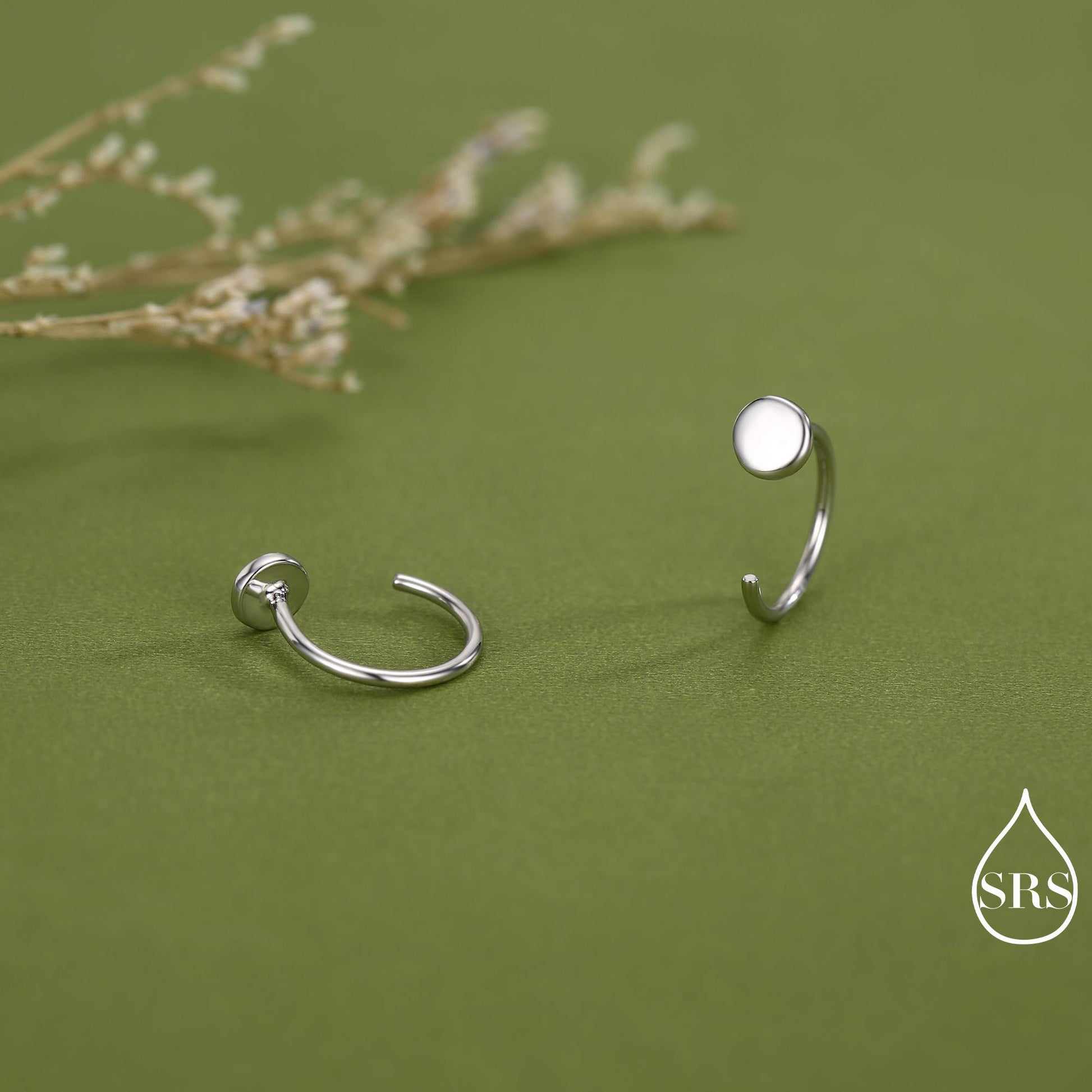Tiny Dot Huggie Hoop Earrings in Sterling Silver, Circle Earrings, Open Hoop Earrings, Pull-Through Threader Earrings, Half Hoop Earrings