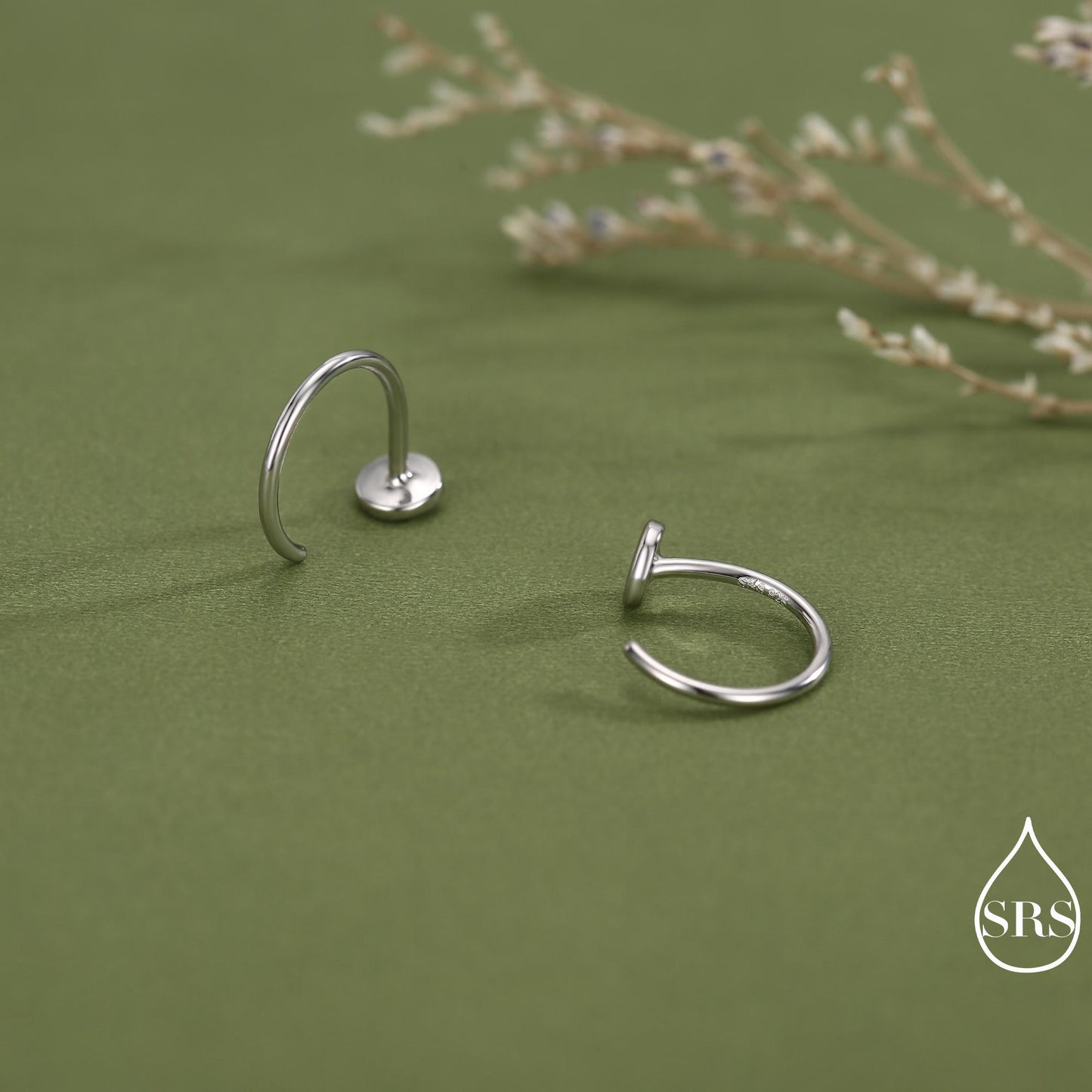 Tiny Dot Huggie Hoop Earrings in Sterling Silver, Circle Earrings, Open Hoop Earrings, Pull-Through Threader Earrings, Half Hoop Earrings