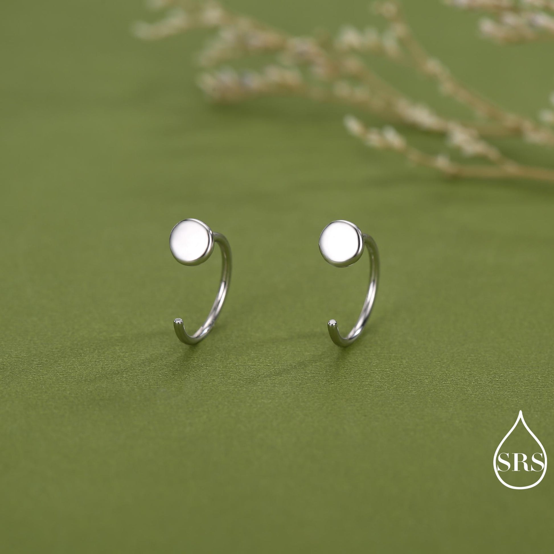 Tiny Dot Huggie Hoop Earrings in Sterling Silver, Circle Earrings, Open Hoop Earrings, Pull-Through Threader Earrings, Half Hoop Earrings