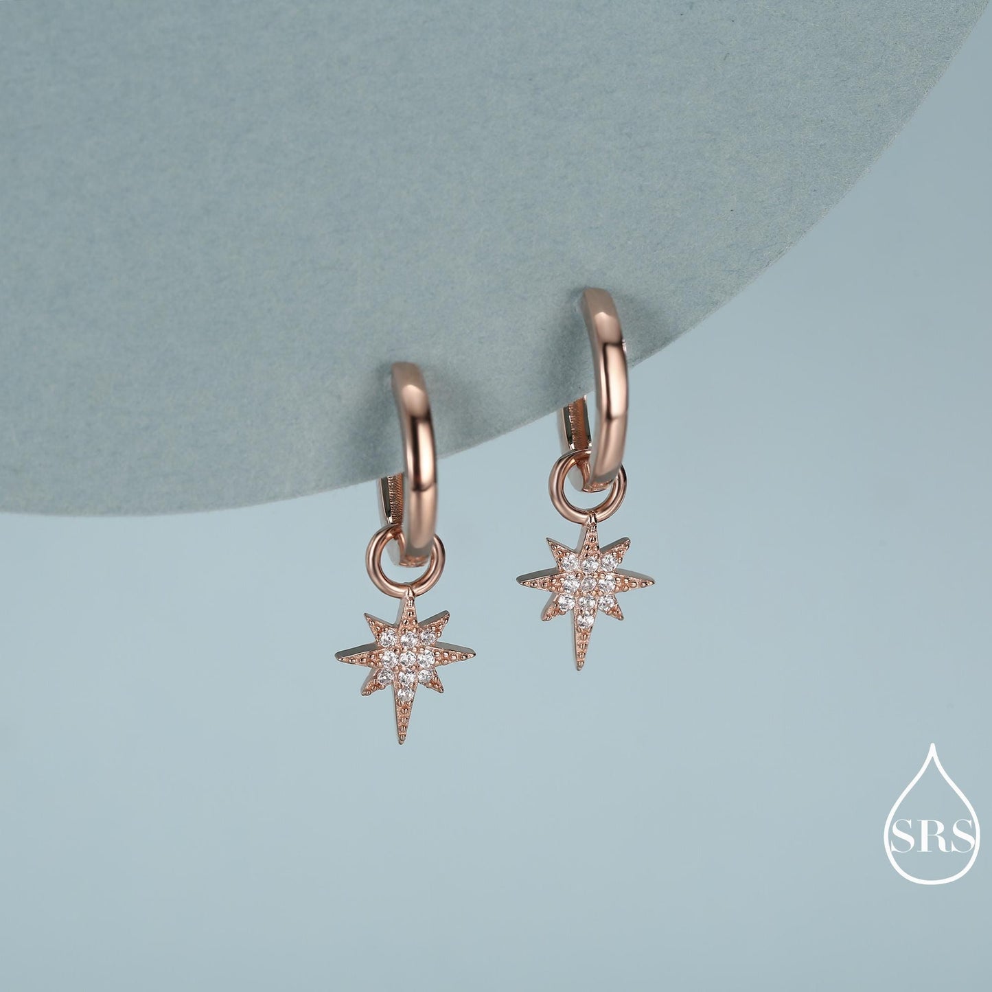 Sterling Silver Starburst North Star Hoop Earrings, Detachable Charm Hoop Earrings, Silver, Gold, Rose Gold, Interchangeable and detachable