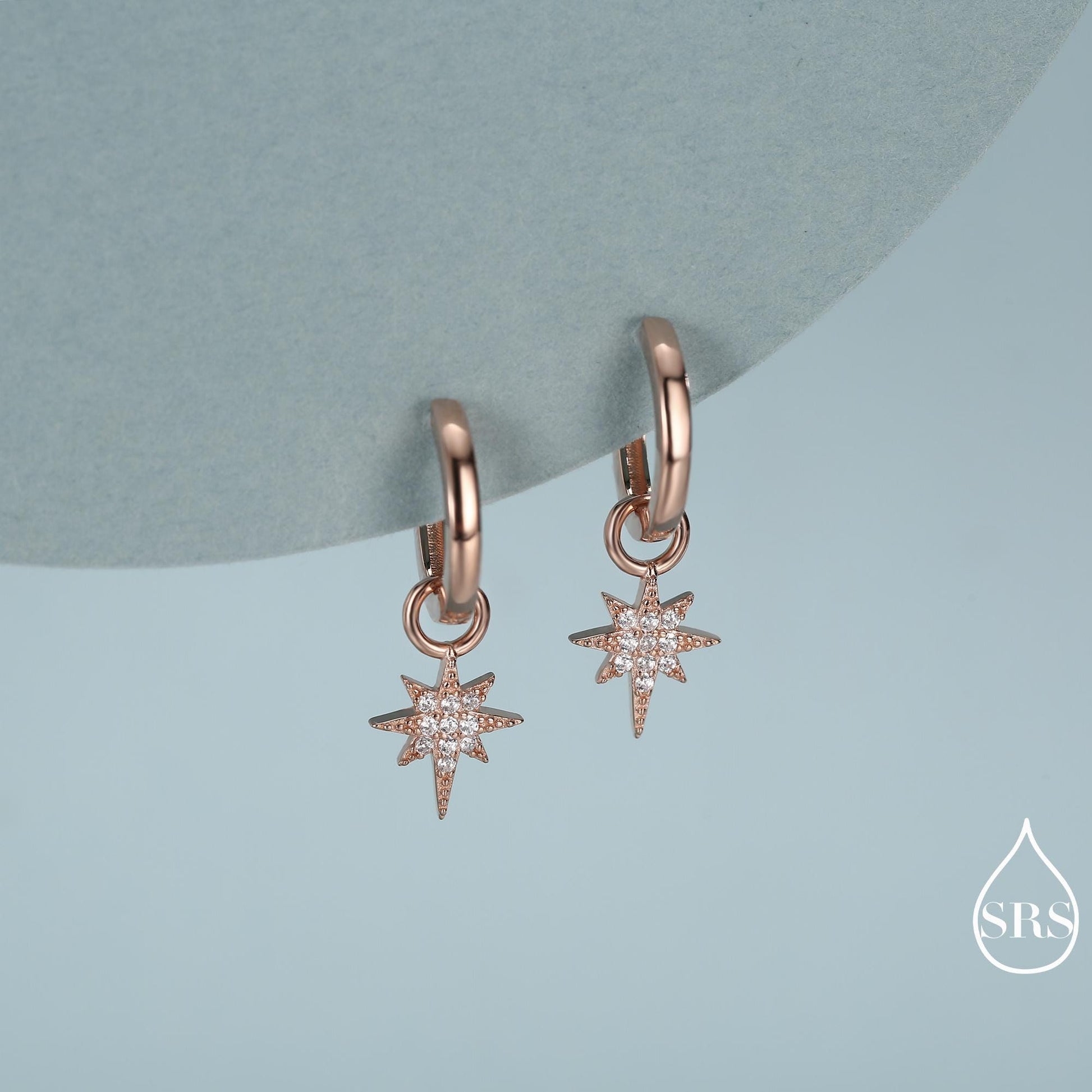 Sterling Silver Starburst North Star Hoop Earrings, Detachable Charm Hoop Earrings, Silver, Gold, Rose Gold, Interchangeable and detachable