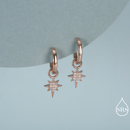 Sterling Silver Starburst North Star Hoop Earrings, Detachable Charm Hoop Earrings, Silver, Gold, Rose Gold, Interchangeable and detachable