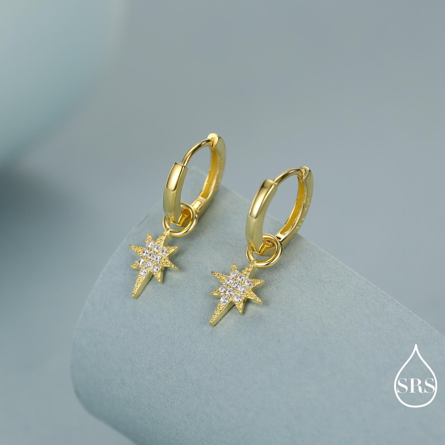 Sterling Silver Starburst North Star Hoop Earrings, Detachable Charm Hoop Earrings, Silver, Gold, Rose Gold, Interchangeable and detachable