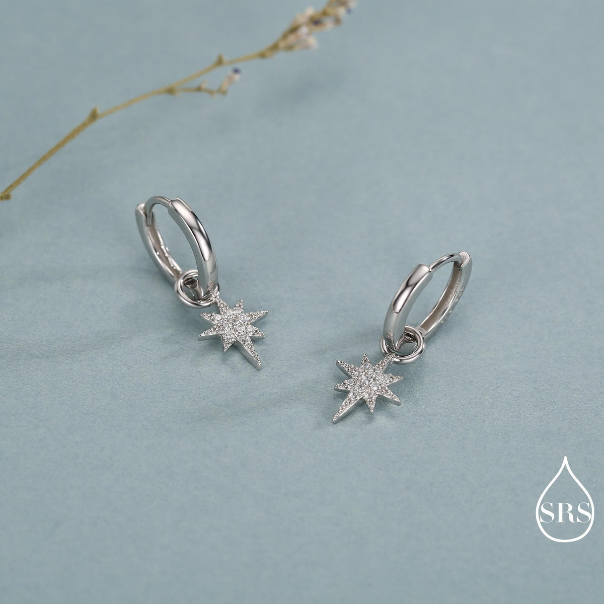 Sterling Silver Starburst North Star Hoop Earrings, Detachable Charm Hoop Earrings, Silver, Gold, Rose Gold, Interchangeable and detachable