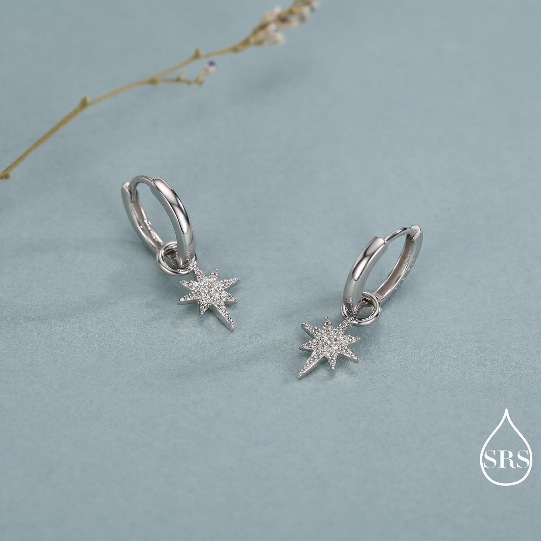 Sterling Silver Starburst North Star Hoop Earrings, Detachable Charm Hoop Earrings, Silver, Gold, Rose Gold, Interchangeable and detachable