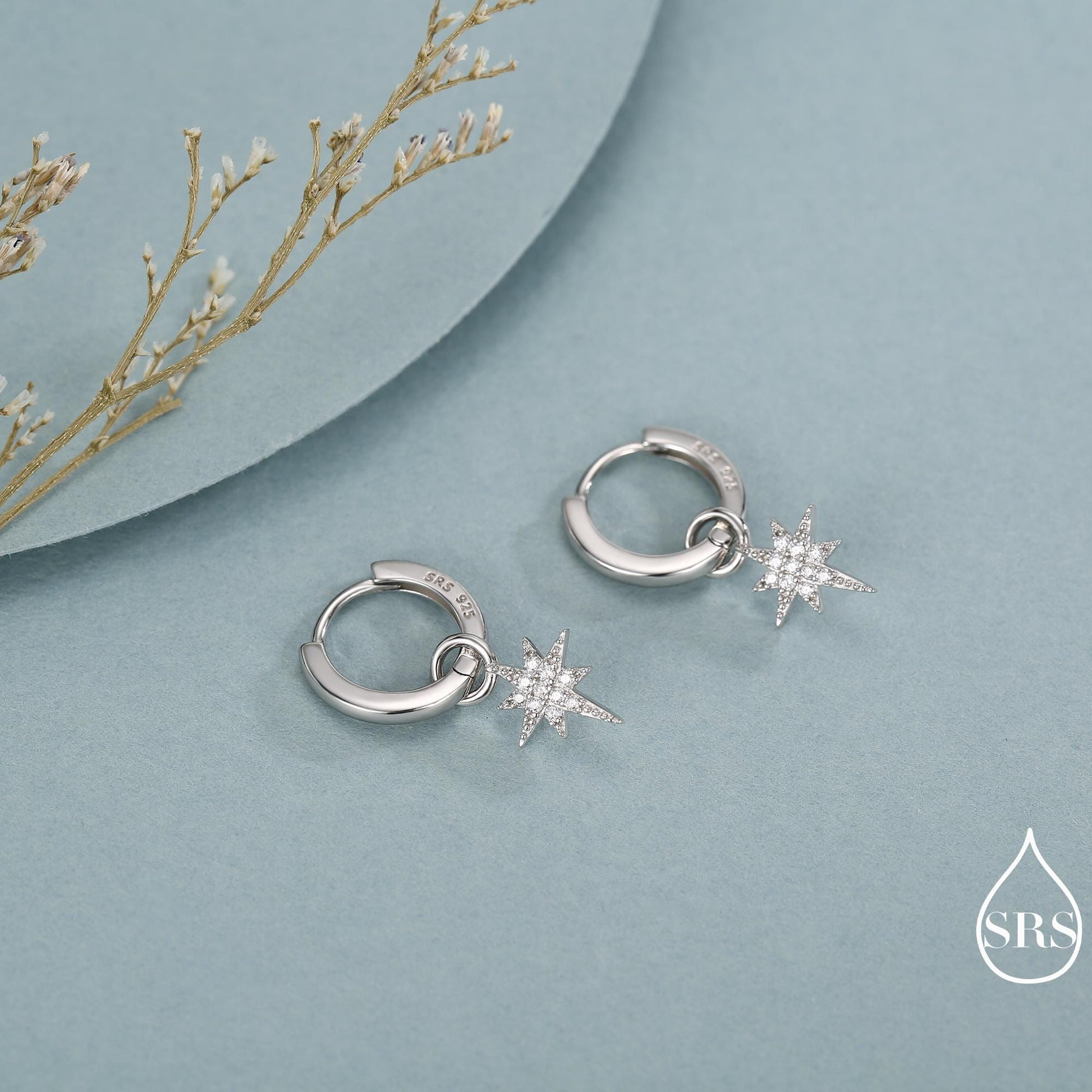 Sterling Silver Starburst North Star Hoop Earrings, Detachable Charm Hoop Earrings, Silver, Gold, Rose Gold, Interchangeable and detachable