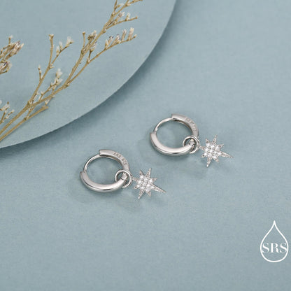 Sterling Silver Starburst North Star Hoop Earrings, Detachable Charm Hoop Earrings, Silver, Gold, Rose Gold, Interchangeable and detachable