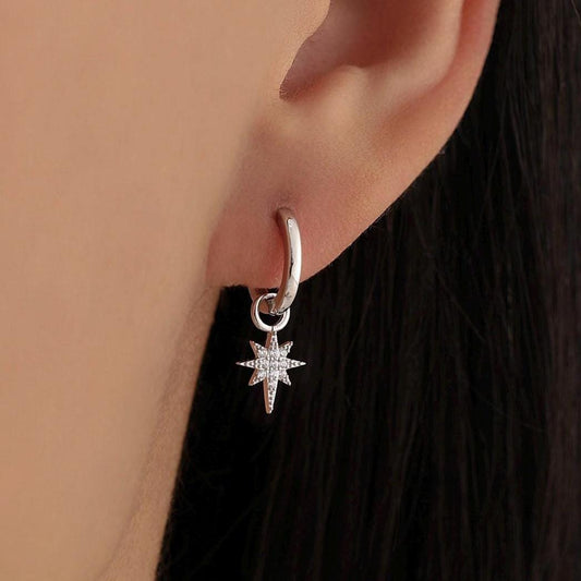 Sterling Silver Starburst North Star Hoop Earrings, Detachable Charm Hoop Earrings, Silver, Gold, Rose Gold, Interchangeable and detachable