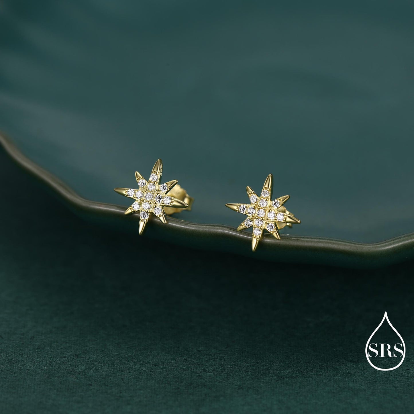 Starburst Stud Earrings in Sterling Silver with Sparkly CZ Crystals, Dainty and Delicate Earrings, Celestial Jewellery