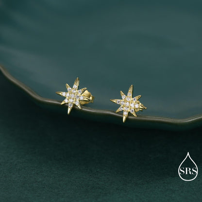 Starburst Stud Earrings in Sterling Silver with Sparkly CZ Crystals, Dainty and Delicate Earrings, Celestial Jewellery