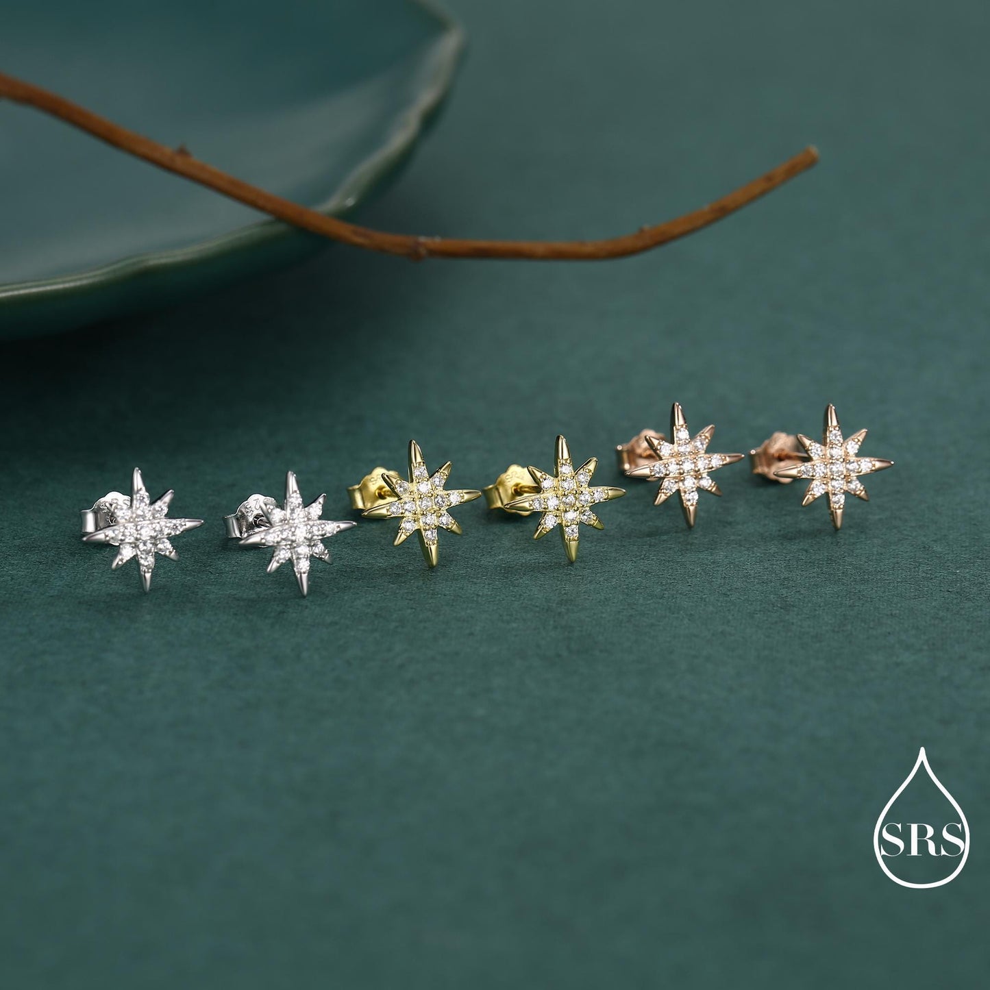 Starburst Stud Earrings in Sterling Silver with Sparkly CZ Crystals, Dainty and Delicate Earrings, Celestial Jewellery