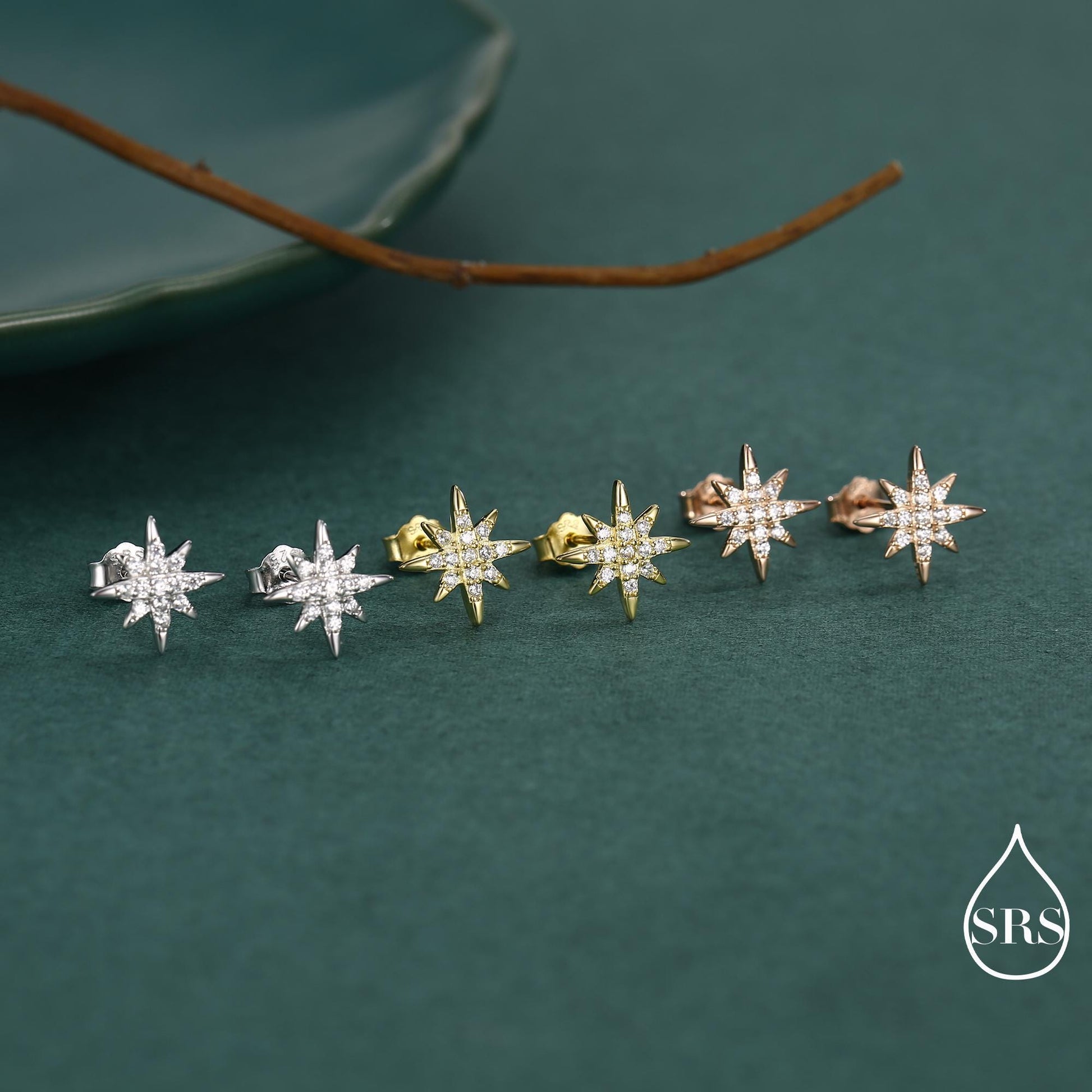 Starburst Stud Earrings in Sterling Silver with Sparkly CZ Crystals, Dainty and Delicate Earrings, Celestial Jewellery