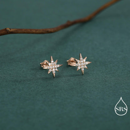 Starburst Stud Earrings in Sterling Silver with Sparkly CZ Crystals, Dainty and Delicate Earrings, Celestial Jewellery