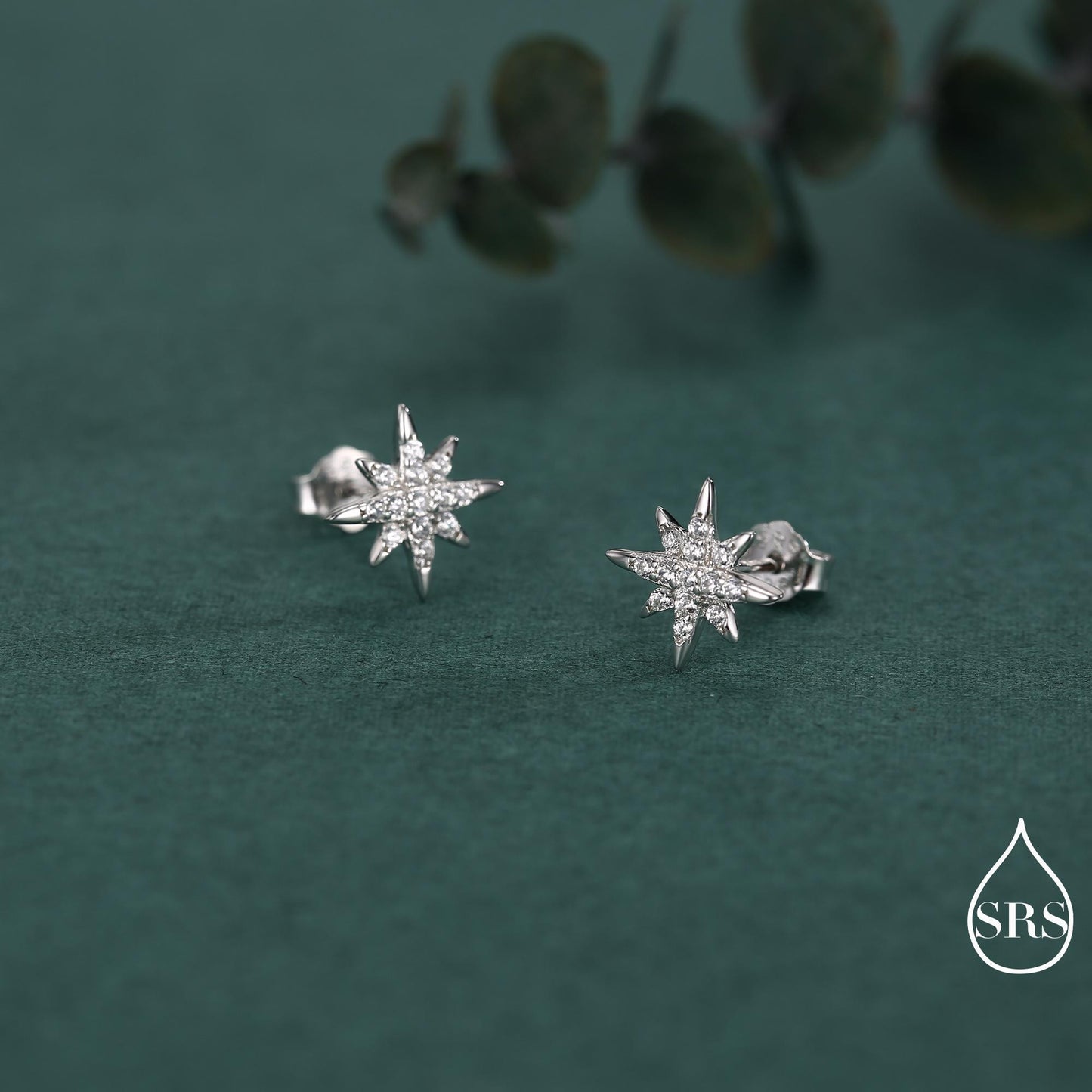 Starburst Stud Earrings in Sterling Silver with Sparkly CZ Crystals, Dainty and Delicate Earrings, Celestial Jewellery