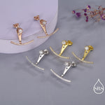 Sterling Silver Front and Back Stud Earrings Ear Jackets with Sparkly Crystals, Curved Bar Crawler Jacket Earrings