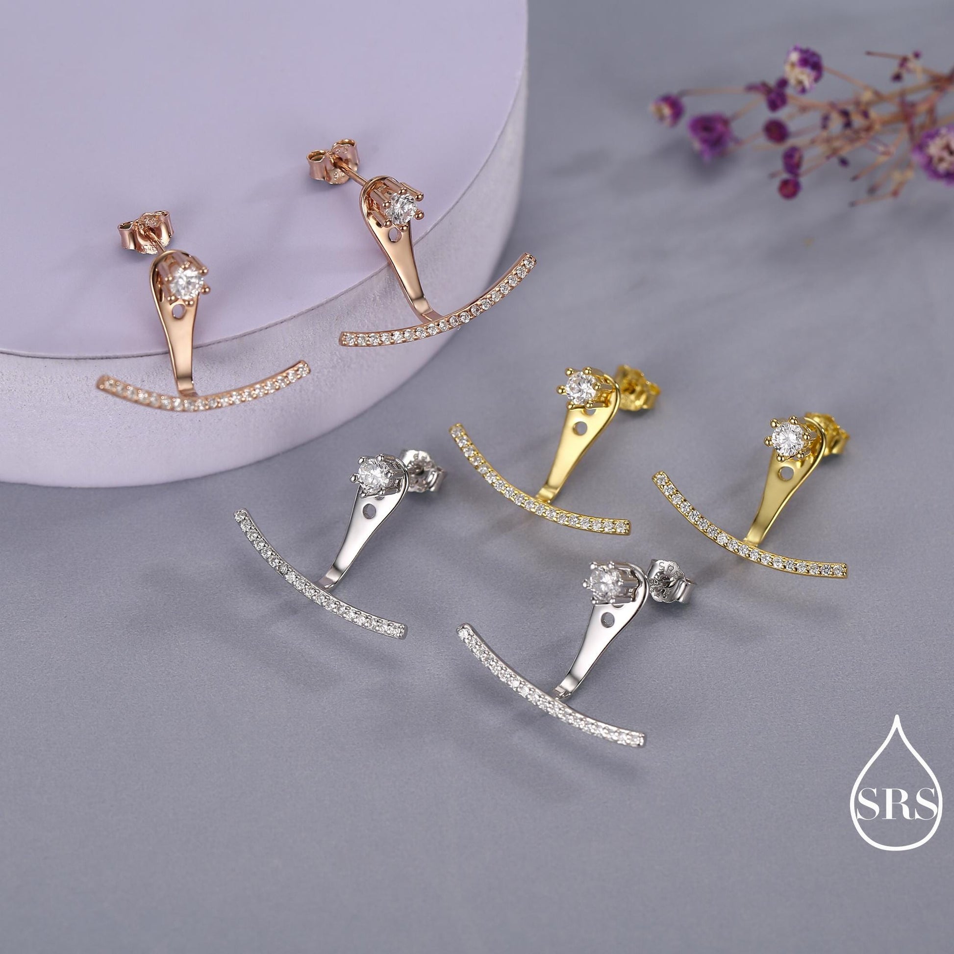 Sterling Silver Front and Back Stud Earrings Ear Jackets with Sparkly Crystals, Curved Bar Crawler Jacket Earrings