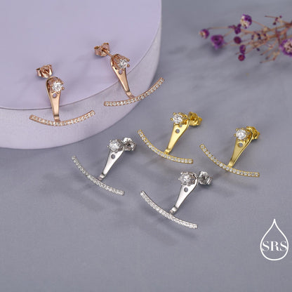 Sterling Silver Front and Back Stud Earrings Ear Jackets with Sparkly Crystals, Curved Bar Crawler Jacket Earrings