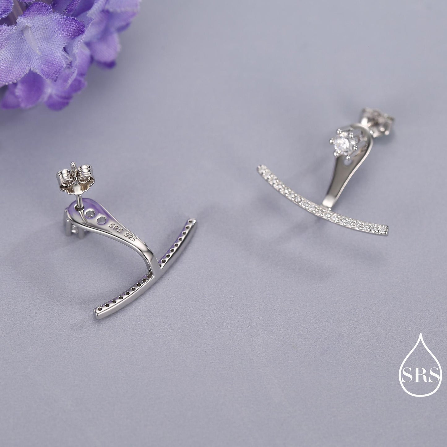 Sterling Silver Front and Back Stud Earrings Ear Jackets with Sparkly Crystals, Curved Bar Crawler Jacket Earrings