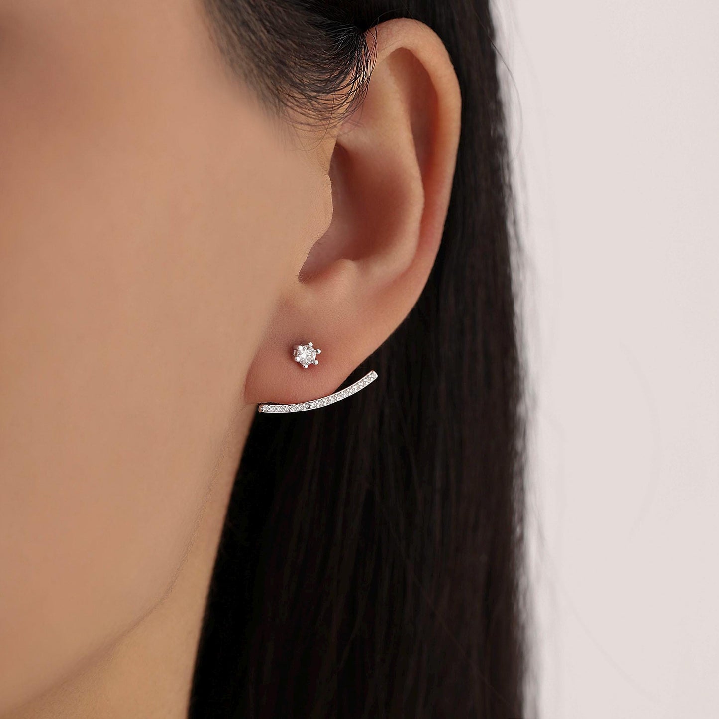 Sterling Silver Front and Back Stud Earrings Ear Jackets with Sparkly Crystals, Curved Bar Crawler Jacket Earrings