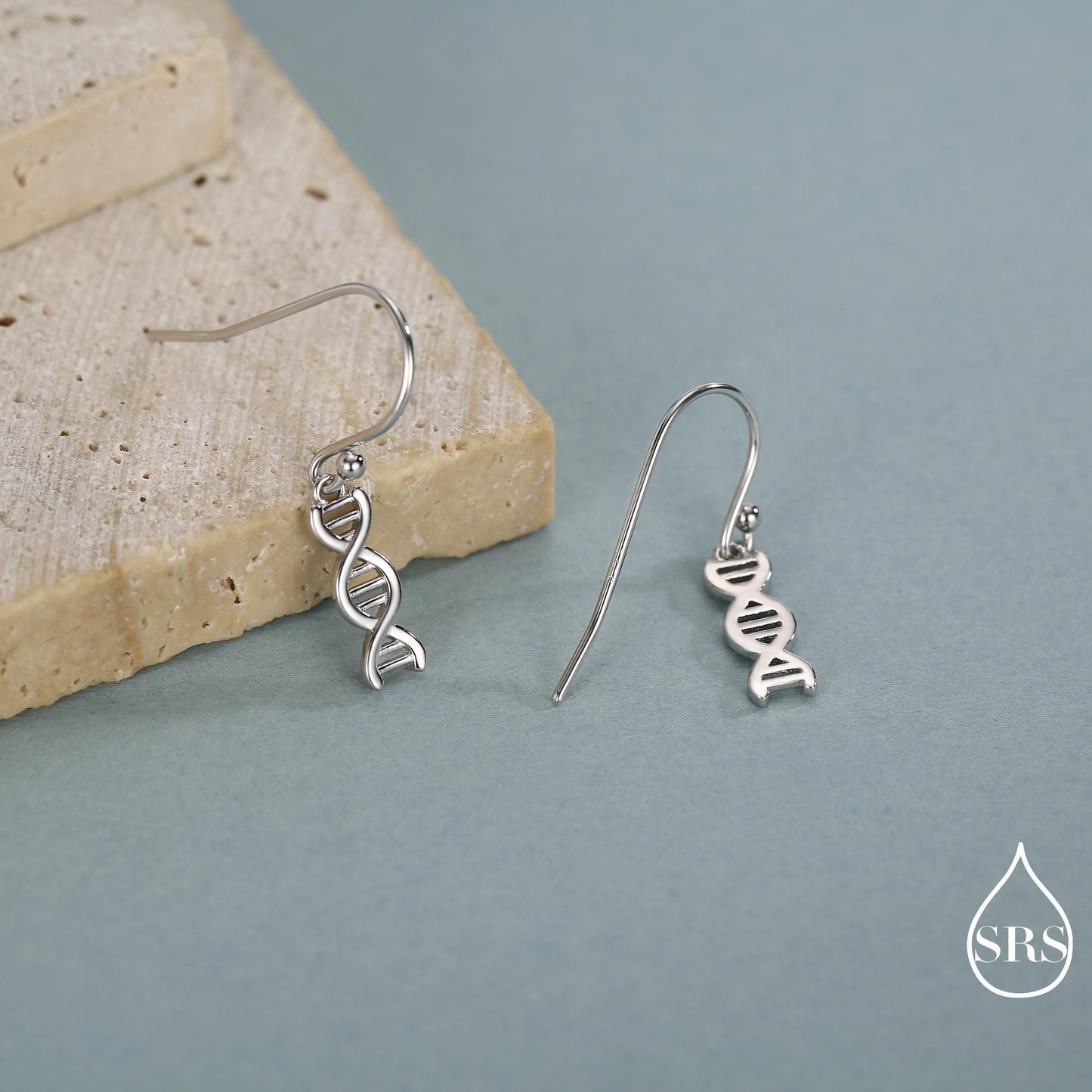DNA Molecular Structure Drop Hook Earrings in Sterling Silver, Available in Silver, Gold or Rose Gold Finish, Fun Quirky Science Jewellery