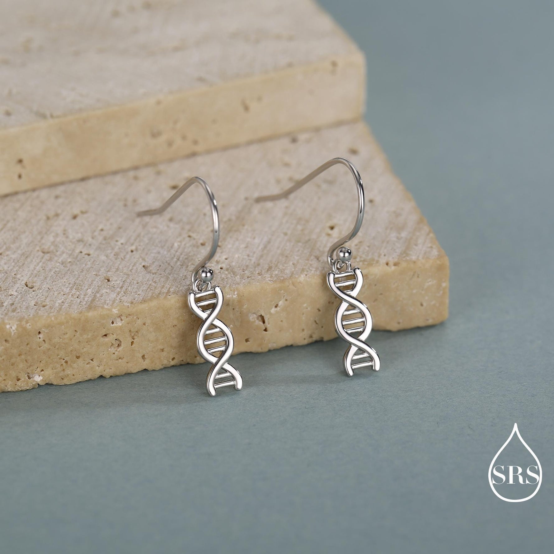 DNA Molecular Structure Drop Hook Earrings in Sterling Silver, Available in Silver, Gold or Rose Gold Finish, Fun Quirky Science Jewellery