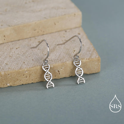 DNA Molecular Structure Drop Hook Earrings in Sterling Silver, Available in Silver, Gold or Rose Gold Finish, Fun Quirky Science Jewellery