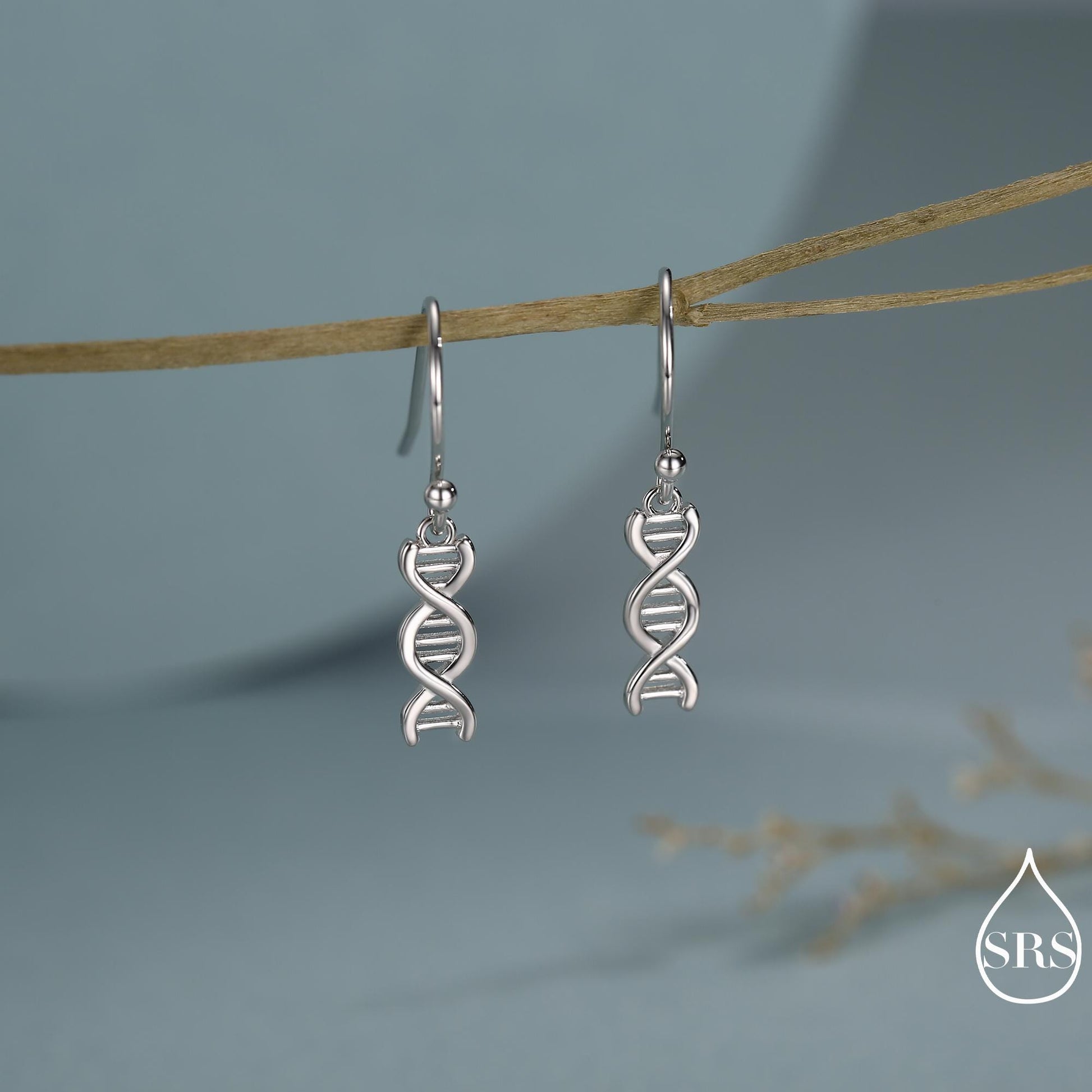 DNA Molecular Structure Drop Hook Earrings in Sterling Silver, Available in Silver, Gold or Rose Gold Finish, Fun Quirky Science Jewellery