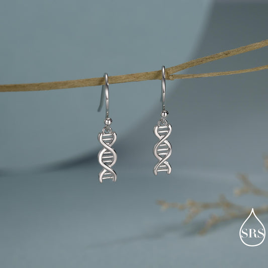 DNA Molecular Structure Drop Hook Earrings in Sterling Silver, Available in Silver, Gold or Rose Gold Finish, Fun Quirky Science Jewellery